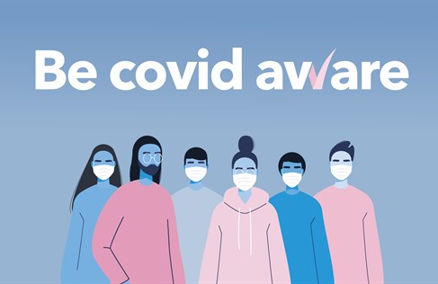 Illustration of a group of people with the words: Be covid aware
