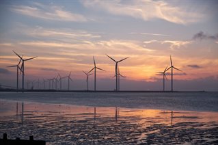 Off shore wind farms photographed against sunset. Dr Alessandro Tombari from the Advanced Engineering Centre is working to design next-generation onshore and offshore wind farms.