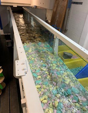 Experimental flume system for research in aquatic flow and sediment movement. Long tank with running water and coloured pebbles.
