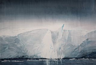 Drawn picture of polar glacier with sea reflection. Emma Stibbon, Glacier Tongue.