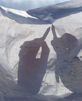 Artist Jane Fox's hands visible in silhouette and shadow through a crinkled white cloth making marks on the wind-blown material