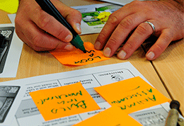 Person writing ideas on post-it notes