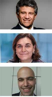 Image composite of three research leaders' portraits: Professors George Tsekouras, Marina Novelli and Andros Gregoriou