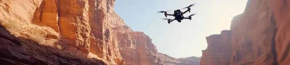 Drone flying within rocky canyon.