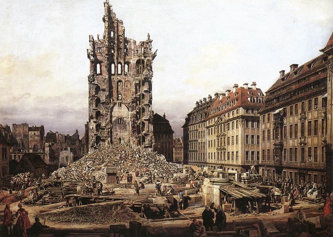 A tinted image of a town square of six-storey, eighteenth-century buildings. Centre of image a destroyed building with one tall wall standing, bricks and rubble below. Some onlookers.