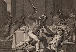 Etching of indoor scene of eighteenth-century sword fighting. Around a table, bare chested, white-trousered, dark skinned man with headscarf dominates scene, holding a sword, looking down on uniformed pale-skinned man. An imagined scene showing the Jamaican slave revolt 1759