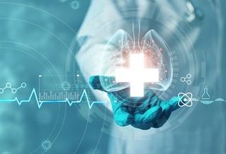 Precision Health image, showing gloved researcher in white coat interacting with graphics for heart rate, dna and virus