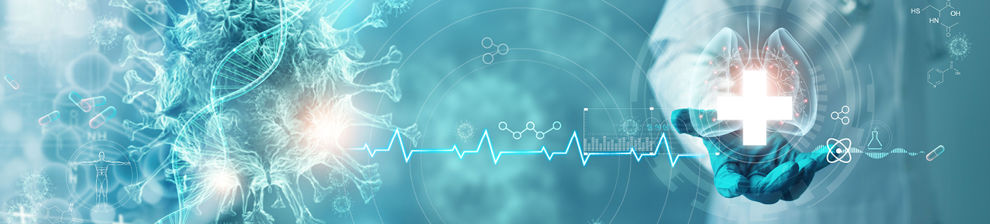 Doctor in white coat and gloves interacting with graphics depicting heart rate, DNA and virus