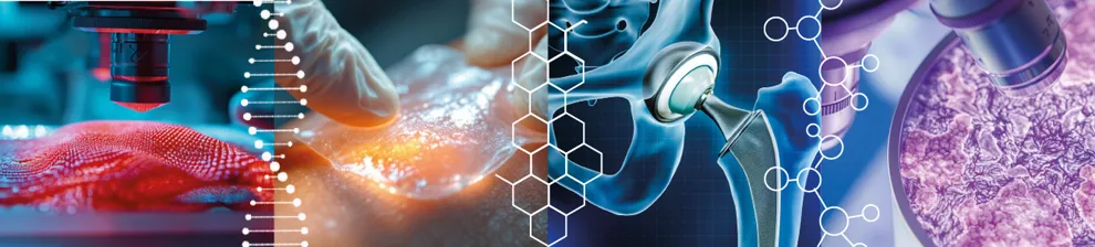 Banner showing wound dressing, laser equipment, hip replacement joint and microscope view of blood sample