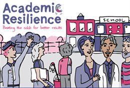 A drawing of a queue of people in front of community buildings with the title 'Academic Resilience'.