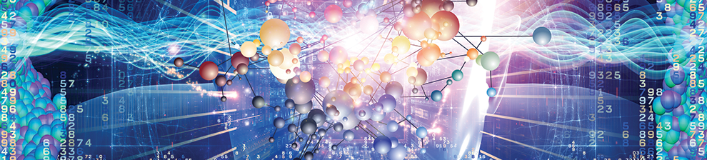 A multi-coloured mix of molecules, columns of numbers and radio waves, depicting modern communications and research into internet security.