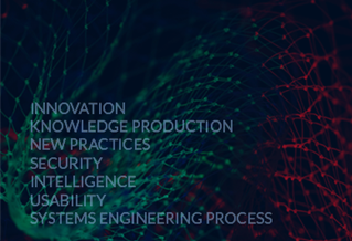 Banner created for the Centre for Secure, Intelligent and Usable Systems with data generated pattern and the words innovation, knowledge production, new practices, security, intelligence, usability, and systems engineering process