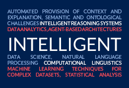 Feature banner showing Intelligent software research themes: text reads, automated, provision of context and explanation, semantic and ontological challenges, intelligent reasoning systems, data analytics, agent-based achitectures, data science, natural language processing, computational linguistics, machine learning techniques for complex datasets, statistical analysis