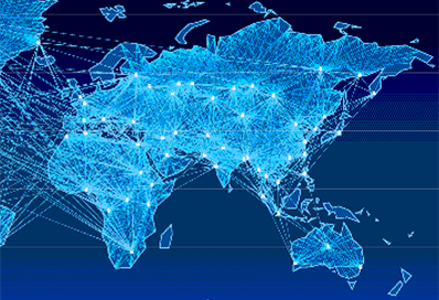 A map of the world with pinpricks of light connected by lines to represent internet connections.
