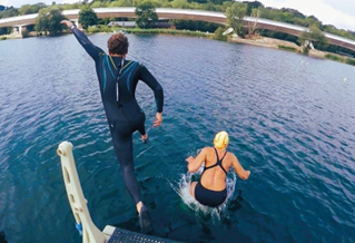 Two people leaping into open water research and photograph by Sadie Rockliffe