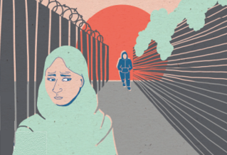 Artwork of a worried, lone woman, with shadow figure in distance down a narrow alley. By Sabba Khan.