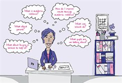 A cartoon of a woman sitting at her desk with lots of thought bubbles around her.