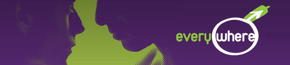 Everywhere project banner features a logo and two male silhouette faces in purple on green