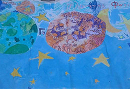 A child's painting of the earth and stars.