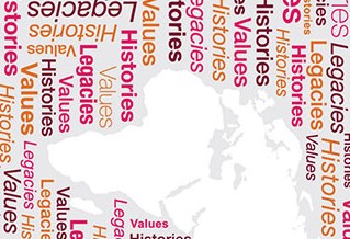 Design with transverse world map outline, the sea area filled with a word pattern using the words legacies, histories and values.