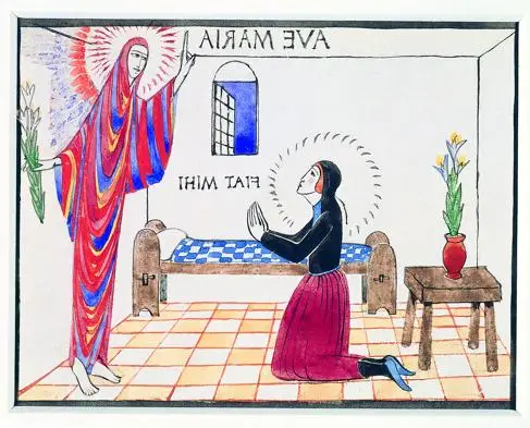 Annunciation - Eric Gill c 1912. Collection of the Methodist Modern Art Collection. Mary kneeling in an enclosed bedroom space with the angel in red and blue robes.
