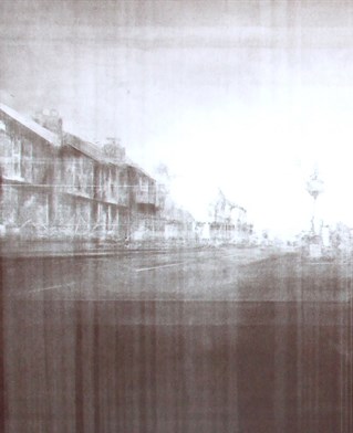 Drawn street scene with dramatic light and shadow. Landscape one: Peter Marsh urban fox hand drawn charcoal on A1 Bristolboard