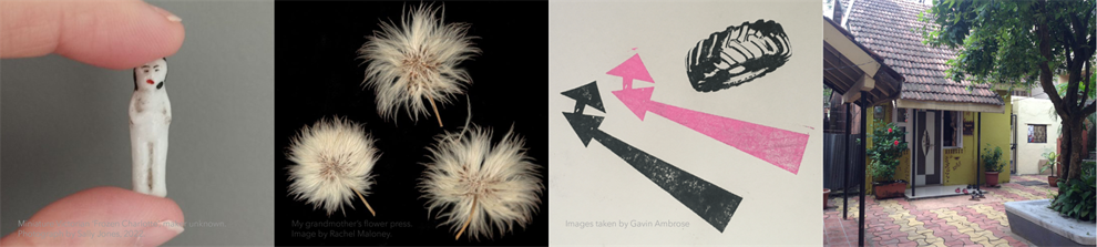Composite of four images related to design. A miniature doll sculpture being held between two fingers; Pressed flowers on a black background; a graphic print of two arrows and a tire, one pink and one black; a yellow house with a patterned door in a court