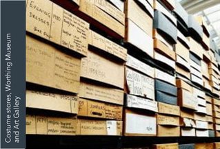 Rows of differently shaped and coloured boxes on large shelves, handwritten labels give dates and clothing types. Title reads Costume stores, Worhting Museum and Art Gallery.