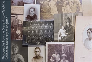 Collected black and white and sepia photographs including head and shoulder portraits and formal groups in distinctive clothing from earlier eras. Title reads, Dress history collection, University of Brighton.