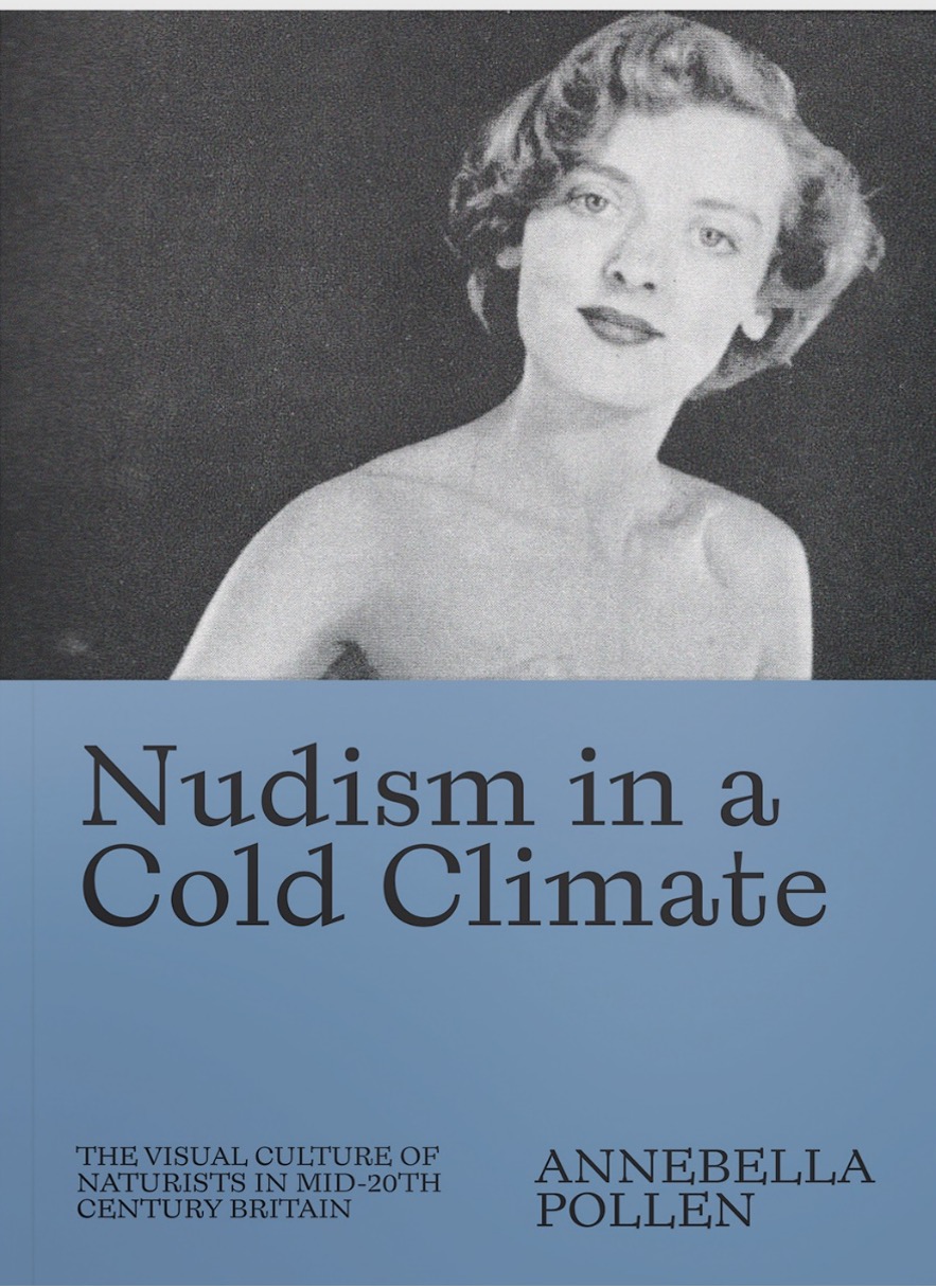 Book cover: top half features the head and shoulders of a woman, lower half has the title 'Nudism in a Cold Climate'