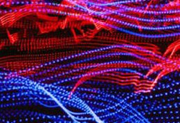 Art graphic created from data representation with blue and red interweaving dotted lines
