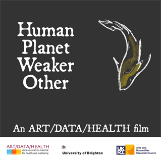 Social media poster for film titled Human Planet Weaker Other, includes a swimming fish motif, subtitle an art data health film and logos from University of Brighton and UKRI Arts and Humanities Research Council