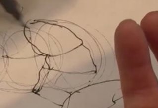 An observational drawing in pen. Left handed researcher drawing their right hand.