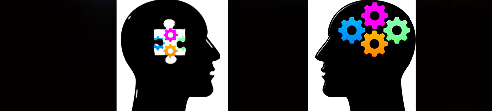 Communication research is illustrated by silhouette heads, one with cogs another with a jigsaw