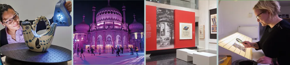 Composite banner showing 3D digital heritage, Brighton Pavilion museum, curation and archive use.