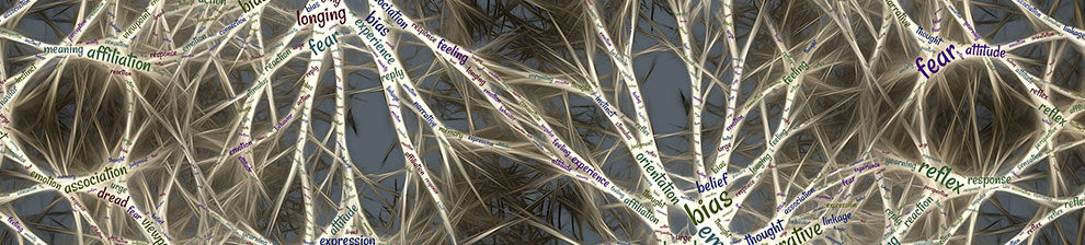 Illustration for neuroscience research shows a complex web of paper strands, each with words referencing emotions and thought: belief, fear, dread, affiliation, bias, reflex