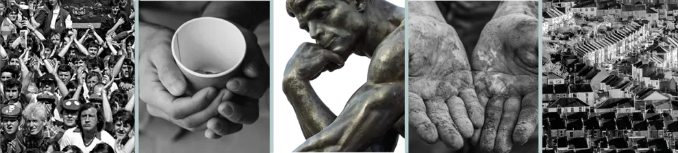 Set of images representing politics and philosophy with crowds, housing and Rodin's Thinker
