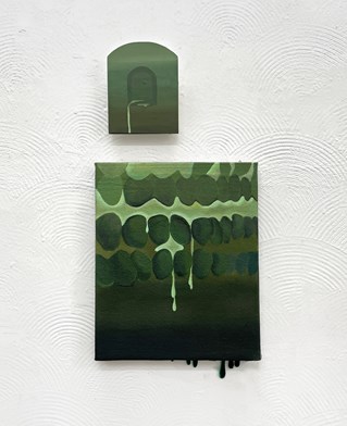 Ruohan Yu. The Skin Project. Green abstract paintings hung on textured wallpaper surface.