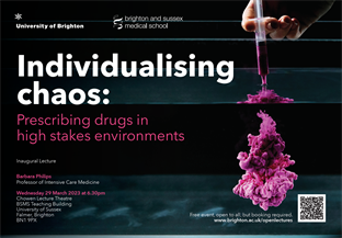 Graphic publicising inaugural lecture titled: Individualising chaos: Prescribing drugs in high stakes environments, featuring a hand pushing purple liquid out of a syringe
