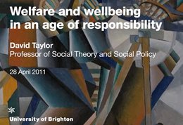 Graphic publicising inaugural lecture titled: Welfare and wellbeing in an age of responsibility, featuring an abstract paintin in grey, white and black