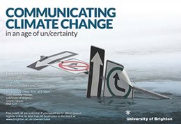 Graphic publicising inaugural lecture titled: Communicating climate change in an age of un/certainty, featuring a road sign with four different directions signposted over an image of land