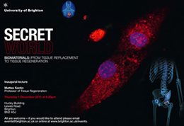 Graphic publicising inaugural lecture titled: Secret world - biomaterials: From tissue replacement to tissue regeneration, featuring an abstract image with different colours