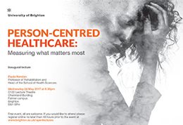 Graphic publicising inaugural lecture titled: Person-centred healthcare: Measuring what matters most, featuring a black and white blurred drawing of a woman with mid-length wavy hair holding her head in one hand