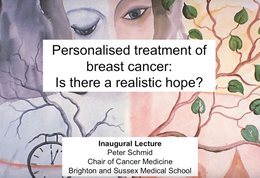 Graphic publicising inaugural lecture titled:Personalised treatment of breast cancer: Is there a realistic hope? Painting of a woman's face with a stopwatch and plant