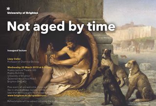 Graphic publicising inaugural lecture titled: Not aged by time, featuring a painting of a man in a white toga, holding a lamp and accompanied by three dogs