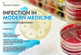 Graphic publicising inaugural lecture titled: Infection in modern medicine: Opportunists and opportunism, featuring a hand in surgical gloves holding a petri dish with more petri dishes to the right hand side on the table