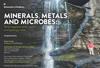Graphic publicising inaugural lecture titled: Minerals, metals and microbes: What happens when water and geology meet, featuring a male figure standing at the bottom right of a waterfall