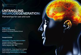 Graphic publicising inaugural lecture titled: Untangling neurodegeneration, featuring a model of a head, with a colourful brain pictured