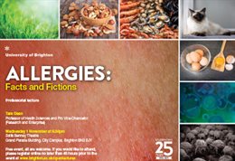 Graphic publicising inaugural lecture titled: Allergies: Facts and fictions, featuring seven images of common allergens, including grass and eggs