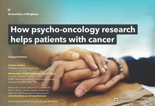 Graphic publicising inaugural lecture titled: How psycho-oncology research helps patients with cancer, featuring a person using both their hands to hold another person's hand while resting on a table